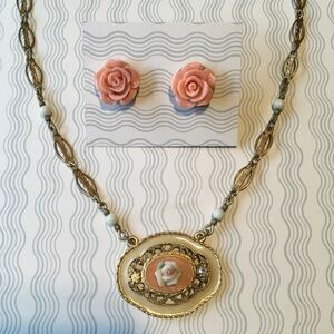 Vintage 1928 Brand Rose Enamel and Porcelain Necklace plus Earrings